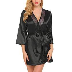 TOEECY Damen Morgenmantel Bademantel Satin Sexy Kimono Kurz Robe V-Ausschnitt Nachtwäsche Leicht Blumenspitze Nachthemd mit String Satin Gürtel für Braut Brautjungfer (Schwarz,S) von TOEECY