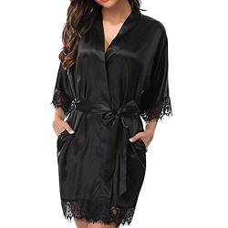 TOEECY Damen Morgenmantel Bademantel Satin Sexy Kimono Kurz Robe V-Ausschnitt Nachtwäsche mit Gürtel Leicht Blumenspitze Nachthemd für Braut Brautjungfer (XXL) von TOEECY