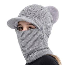 TOEECY Damen Mütze Winter Strickmütze&Halswärmer-Sets Warme Schal Mütze Set Strickschal Winddichte Cap mit Kunstpelz Bommel Mütze & Schal Set mit Fleecefutter Verstellbare Mützen mit Visier (Grau) von TOEECY