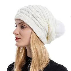 TOEECY Damen Mütze Winter Warme Beanie Mütze Slouchy Bommelmütze Weiche Strickmütze mit Kunstpelz Bommel kältebeständig Wintermütze mit Knopf zum Aufhängen von Masken (Weiß) von TOEECY