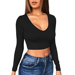 TOEECY Damen Strick Langarm Crop T-Shirt V-Ausschnitt Top Bauchfrei Oberteile Casual Sexy Tops Langarmshirts Langarmtops Pullover Lässig T-Shirts Basic Slim Oberteil (Schwarz,L) von TOEECY