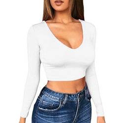 TOEECY Damen Strick Langarm Crop T-Shirt V-Ausschnitt Top Bauchfrei Oberteile Casual Sexy Tops Langarmshirts Langarmtops Pullover Lässig T-Shirts Basic Slim Oberteil (Weiß,L) von TOEECY