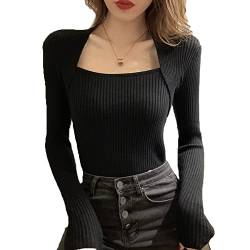 TOEECY Damen Strick Langarm T-Shirt U Hals Gefälschter Zweiteiler Casual Sexy Tops Langarmshirts Langarmtops Pullover Basic Slim Oberteil Lässig T-Shirts Herbst Winter (Schwarz) von TOEECY