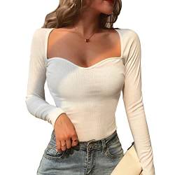 TOEECY Damen Strick Langarmshirt Sexy Quadratischer Enges Oberteil Mode Stretchy Rippshirt Casual Basic Pullover Slim Fit Langarm Crop T-Shirt Solid Lässig Langarm Top Bluse (Weiß) von TOEECY