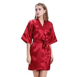 TOEECY Nachthemd Damen Sexy Satin Nachtwäsche Bademantel Hausmantel Sleepwear mit Gürtel V Ausschnitt Kurz Kimono Morgenmantel für Braut&Brautjungfern Party (Rot,M) von TOEECY