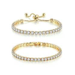 TOEECY Tennisarmband für Frauen 18K Vergoldete AAA + Zirkonia Verstellbare Tennis Armband Set Zierliche Klassische Freundschaftsarmband Modeschmuck Geschenk (Gold,#2) von TOEECY