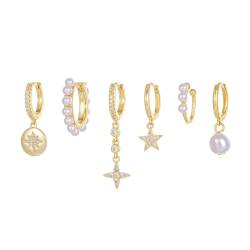 TOBS Ohrringe Set 6 Pcs Sterling Silber Gold Ohrstecker Set Sterne Zirkonia Ohrringe Vergoldete Perlen Creolen mit Anhänger Earings Schmuck Geschenk Gold von TOFBS