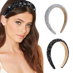 TOFBS 2 Stück Strass Haarreifen Damen Breite Gepolsterte Haarbänder Glitzer Diamant Perlen Stirnband Hochzeit Braut Haarschmuck(Silber, Schwarz) von TOFBS