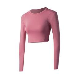 TOFBS Damen Crop Top Langarm Sportshirt Sexy Sport Oberteil Bauchfrei Sommer Laufshirt Funktionsshirt Atmungsaktiv Leicht Yoga Fitness Shirts Schnelle Trockene Sporttop (XL, Rosa) von TOFBS