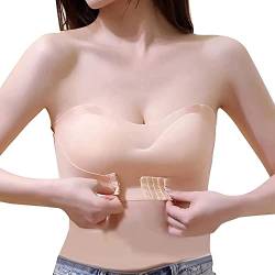 TOFBS Damen Trägerloser BH Ohne Bügel Bandeau BH mit Vorderer Schnalle Push Up Rutschfester Unsichtbarer BH mit Abnehmbare Träger (Beige,S) von TOFBS