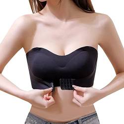 TOFBS Damen Trägerloser BH Ohne Bügel Bandeau BH mit Vorderer Schnalle Push Up Rutschfester Unsichtbarer BH mit Abnehmbare Träger (Schwarz,XL) von TOFBS