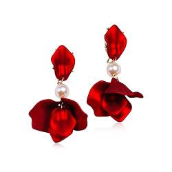 TOFBS Ohrringe Damen Elegant Tropfen Statement Quaste Blumen Ohrringe Rosenblüten Ohrringe Baumeln Blumen Ohrringe Schmuck Zubehör (Rot/Kurz) von TOFBS