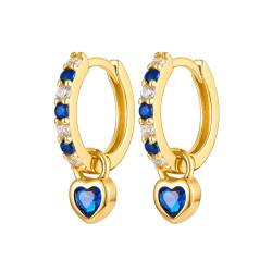 TOFBS Ohrringe Gold Cubic Zirkonia Hängend Ohrringe mit Kette Gold Vergoldet Ohrringe Heart Dangle Creolen Ohrhänger Minimalistische 925 Sterling Silber Earrings für Damen Blau von TOFBS