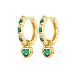 TOFBS Ohrringe Gold Cubic Zirkonia Hängend Ohrringe mit Kette Gold Vergoldet Ohrringe Heart Dangle Creolen Ohrhänger Minimalistische 925 Sterling Silber Earrings für Damen Grün von TOFBS