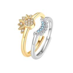 TOFBS Sonne Und Mond Ringe Set Silber Funkelnder Sonnenring Mond Verstellbar Offene Gold Ring mit Cubic Zirconia Schmuck Geschenk für Frauen Mädchen Silber+Gold von TOFBS