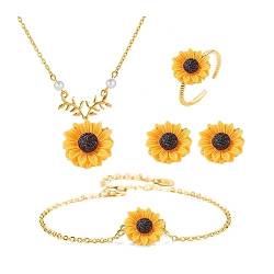 TOFBS Sonnenblumen Schmuckset Halskette Ring Ohrringe Schmuck Set Blumen Anhänger Halskette Ohrstecker Armband Emaille Schmuck Set Geschenk für Sie Freundin (Gold) von TOFBS