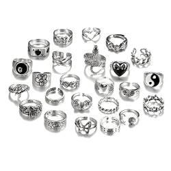 TOFBS Vintage Silber Punk Ringe Set für Männer Frauen Offene Knuckle Emo Ring Stapelbare Gothic Rings Set Fingerringe Boho Y2K Schmetterling Schlange Schädel Herz Blume Ringe (24 Stück) von TOFBS