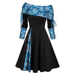 Festliche Kleider für Damen Langarm Elegant Hohe Taille Slim mit Kordelzug Plissee Christmas Patchwork Print Winterkleid Party Vintage Festliche Weihnachtsfeier Outfit Damen D-Schwarz L von TOFOTL