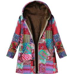 TOFOTL Damen-Jacken Retro Fashion mit Kapuze Plüsch Print Outdoor Dicke Parker Jacken Winterparka Umstandsjacke Winter Winter Mantel 02 Rot 3XL von TOFOTL