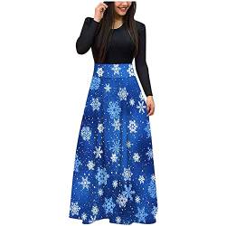 Weihnachtskleid Damen Langarm Rundhalsausschnitt Casual Elegant Christmas Print Lang Hohe Taille Weihnachtsoutfit Weihnachtsfeier Festliche Herbst Winter Weihnachten Kleid Damen A-Blau XL von TOFOTL