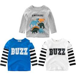 3er Pack Jungen Langarmshirt T Shirt Baby Kinder Jungen Rundhals Langarmshirt Baumwolle Shirt Dinosaurier Wagen Drucken T-Shirt Tops Kinder Shirt 1-7 Jahre (Krokodil + Dinosaurier, 120) von TOKYMOON