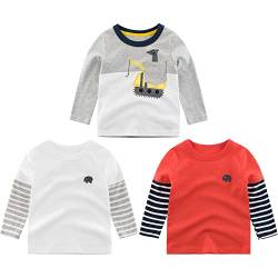 3er Pack Jungen Langarmshirt T Shirt Baby Kinder Jungen Rundhals Langarmshirt Baumwolle Shirt Dinosaurier Wagen Drucken T-Shirt Tops Kinder Shirt 1-7 Jahre (Rot, 100) von TOKYMOON