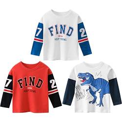 3er Pack Jungen Langarmshirt T Shirt Baby Kinder Jungen Rundhals Langarmshirt Baumwolle Shirt Dinosaurier Wagen Drucken T-Shirt Tops Kinder Shirt 1-7 Jahre (Weiß+Blau, 130) von TOKYMOON