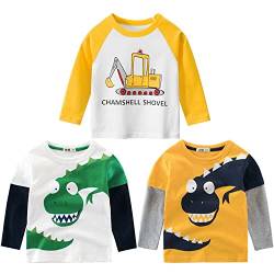 3er Pack Jungen Langarmshirt T Shirt Baby Kinder Jungen Rundhals Langarmshirt Baumwolle Shirt Dinosaurier Wagen Drucken T-Shirt Tops Kinder Shirt 1-7 Jahre Bagger 110 von TOKYMOON