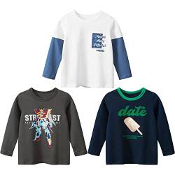 3er Pack Jungen Langarmshirt T Shirt Baby Kinder Jungen Rundhals Langarmshirt Baumwolle Shirt Dinosaurier Wagen Drucken T-Shirt Tops Kinder Shirt 1-7 Jahre Braun 140 von TOKYMOON