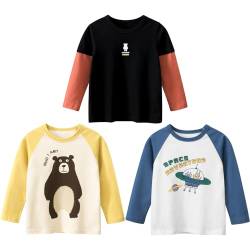 3er Pack Jungen Langarmshirt T Shirt Baby Kinder Jungen Rundhals Langarmshirt Baumwolle Shirt Dinosaurier Wagen Drucken T-Shirt Tops Kinder Shirt 1-7 Jahre Braunbär 100 von TOKYMOON