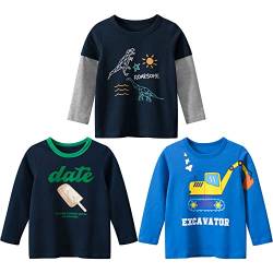 3er Pack Jungen Langarmshirt T Shirt Baby Kinder Jungen Rundhals Langarmshirt Baumwolle Shirt Dinosaurier Wagen Drucken T-Shirt Tops Kinder Shirt 1-7 Jahre Dinosaurier 1 130 von TOKYMOON