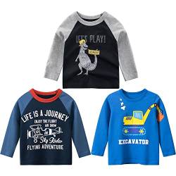 3er Pack Jungen Langarmshirt T Shirt Baby Kinder Jungen Rundhals Langarmshirt Baumwolle Shirt Dinosaurier Wagen Drucken T-Shirt Tops Kinder Shirt 1-7 Jahre Flugzeug 120 von TOKYMOON