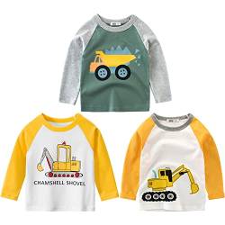 3er Pack Jungen Langarmshirt T Shirt Baby Kinder Jungen Rundhals Langarmshirt Baumwolle Shirt Dinosaurier Wagen Drucken T-Shirt Tops Kinder Shirt 1-7 Jahre Gelb+Weiß 120 von TOKYMOON