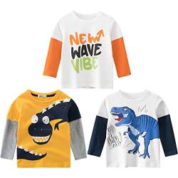 3er Pack Jungen Langarmshirt T Shirt Baby Kinder Jungen Rundhals Langarmshirt Baumwolle Shirt Dinosaurier Wagen Drucken T-Shirt Tops Kinder Shirt 1-7 Jahre Gelb 104-110 von TOKYMOON