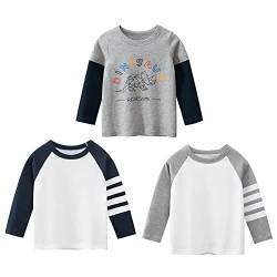 3er Pack Jungen Langarmshirt T Shirt Baby Kinder Jungen Rundhals Langarmshirt Baumwolle Shirt Dinosaurier Wagen Drucken T-Shirt Tops Kinder Shirt 1-7 Jahre Grau+weiß 110 von TOKYMOON