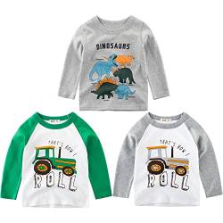 3er Pack Jungen Langarmshirt T Shirt Baby Kinder Jungen Rundhals Langarmshirt Baumwolle Shirt Dinosaurier Wagen Drucken T-Shirt Tops Kinder Shirt 1-7 Jahre Grau 86-92 von TOKYMOON