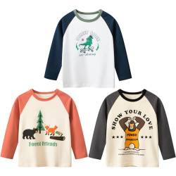 3er Pack Jungen Langarmshirt T Shirt Baby Kinder Jungen Rundhals Langarmshirt Baumwolle Shirt Dinosaurier Wagen Drucken T-Shirt Tops Kinder Shirt 1-7 Jahre Grüner Dinosaurier 130 von TOKYMOON