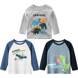 3er Pack Jungen Langarmshirt T Shirt Baby Kinder Jungen Rundhals Langarmshirt Baumwolle Shirt Dinosaurier Wagen Drucken T-Shirt Tops Kinder Shirt 1-7 Jahre Krokodil 104-110 von TOKYMOON