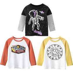 3er Pack Jungen Langarmshirt T Shirt Baby Kinder Jungen Rundhals Langarmshirt Baumwolle Shirt Dinosaurier Wagen Drucken T-Shirt Tops Kinder Shirt 1-7 Jahre Space 140 von TOKYMOON