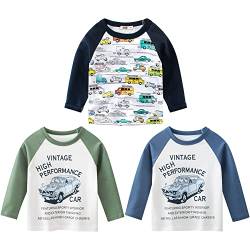 3er Pack Jungen Langarmshirt T Shirt Baby Kinder Jungen Rundhals Langarmshirt Baumwolle Shirt Dinosaurier Wagen Drucken T-Shirt Tops Kinder Shirt 1-7 Jahre Wagen 1 110 von TOKYMOON