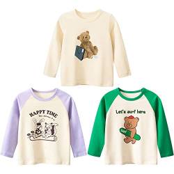 3er Pack Kinder Mädchen Langarm Tshirt Top Langarmshirt Mädchen Baumwolle Sweatshirt t Shirt Kinder Shirt Rundhals Drucken Mädchen Tee Shirt Tops mädchen T Shirt Beige Bär 100 von TOKYMOON