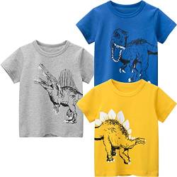 3er Pack Kinder T-Shirt Jungen T-Shirt Cartoon Kurzarm Shirt Rundem Ausschnitt Oberteile Dinosaurier Kinder Kurzarm Tee Shirt Sommer Tops Baumwolle Shirt Dinosaurier 122 von TOKYMOON