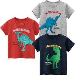 3er Pack Kinder T-Shirt Jungen T-Shirt Cartoon Kurzarm Shirt Rundem Ausschnitt Oberteile Dinosaurier Kinder Kurzarm Tee Shirt Sommer Tops Baumwolle Shirt Dinosaurier 4 134-140 von TOKYMOON