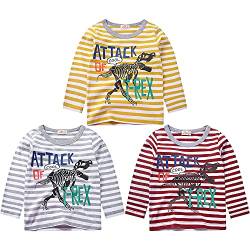 3er Pack Langarmshirt Jungen Baumwolle Langarm T-Shirt Kinder Shirt Sweatshirt Oberteil Dinosaurier Drucken Tops Kinder Jungen Rundhals T Shirt Streifen 100 von TOKYMOON