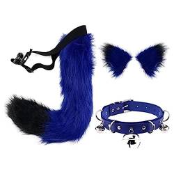 Halloween Kostüme Fuchspelzschwanz Party Cosplay Set Plüsch Katzenohren Haarspange Haarband Damen Halloween Karneval Fuchs Schwanz Ohren Glockenhals Kragen Kostüm Cosplay Frauen Dunkelblau 50cm von TOKYMOON