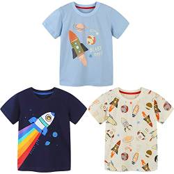 Kinder 3er-Pack Jungen T-Shirt Baumwolle Sommer Tops Rundhals T-Shirt Cartoon Kurzarm Kinder Shirt Oberteile Dinosaurier Kinder T-Shirt Set Jungen Sport Tshirt Raketen 100 von TOKYMOON