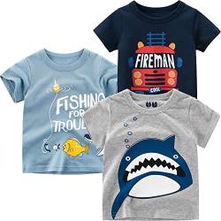 Kinder Shirt Jungen T-Shirts 3er Pack Dinosaurier Kinder T-Shirt Set für Kinder Baumwolle Kurzarm Tops Summer Jungen Kinder T-Shirt Cartoon Kurzarm Shirt Oberteile Fisch 110 von TOKYMOON