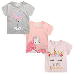 Kinder T Shirt Mädchen Kurzarm T-Shirt Sommer Einhorn T Shirt mädchen Freizeit Coole Tshirt Bluse Oberteil Shirt Baumwoll Kinder Shirt Rundhals Top 3-Pack Grau+rosa 7T von TOKYMOON