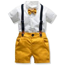 TOKYMOON 2 Teilig Baby kleinkind Jungen Baby Anzug Sommer Kurzarm-T-Shirt mit Krawatte + Kurze Hose mit Träger Gentleman kinderanzug für Festliche Hochzeit Party Gelb 98-104 von TOKYMOON