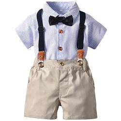 TOKYMOON 2 Teilig Baby kleinkind Jungen Baby Anzug Sommer Kurzarm-T-Shirt mit Krawatte + Kurze Hose mit Träger Gentleman kinderanzug für Festliche Hochzeit Party Hellblau 104-110 von TOKYMOON